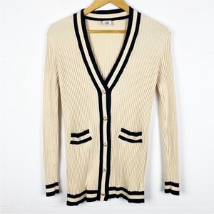 Cabi Radcliffe Cream Ribbed Cardigan with Navy Trim and Gold Buttons Size Small